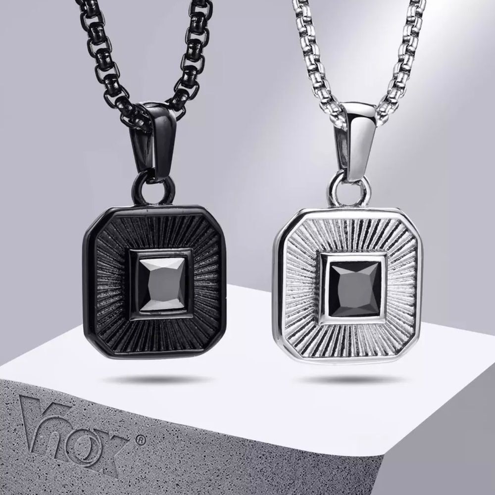 Men’s Square Pendant Box Chain Necklace 22” Black and Silver